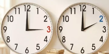 Due orologi da parete bianchi mostrano il cambio d'orario tra le ore 3:00 e le ore 2:00 per l'ora solare.
