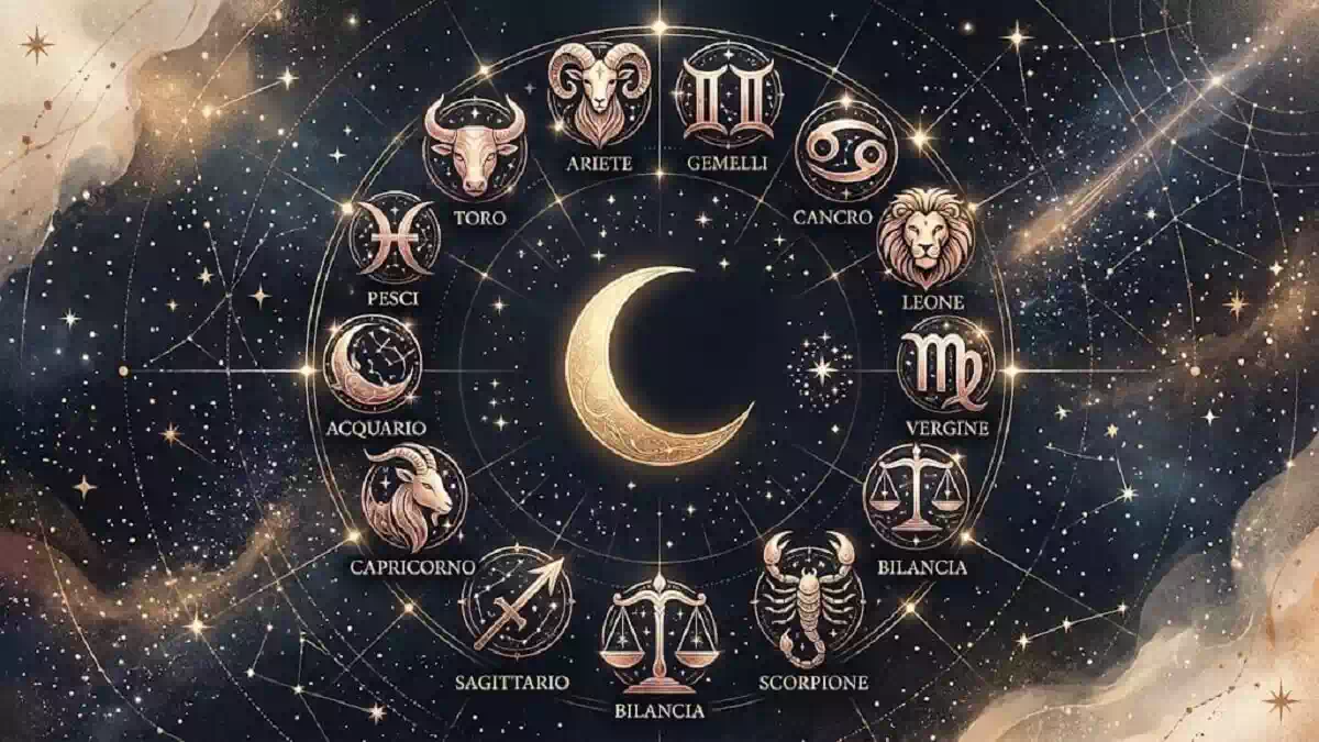 Ruota dello zodiaco astrologica con i segni zodiacali dorati e una luna crescente al centro su sfondo di cielo notturno blu stellato. Oroscopo