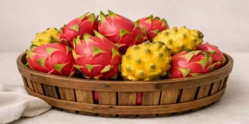 Contenitore di pitaya intera su sfondo delicato e neutro, frutto tropicale simile al kiwi