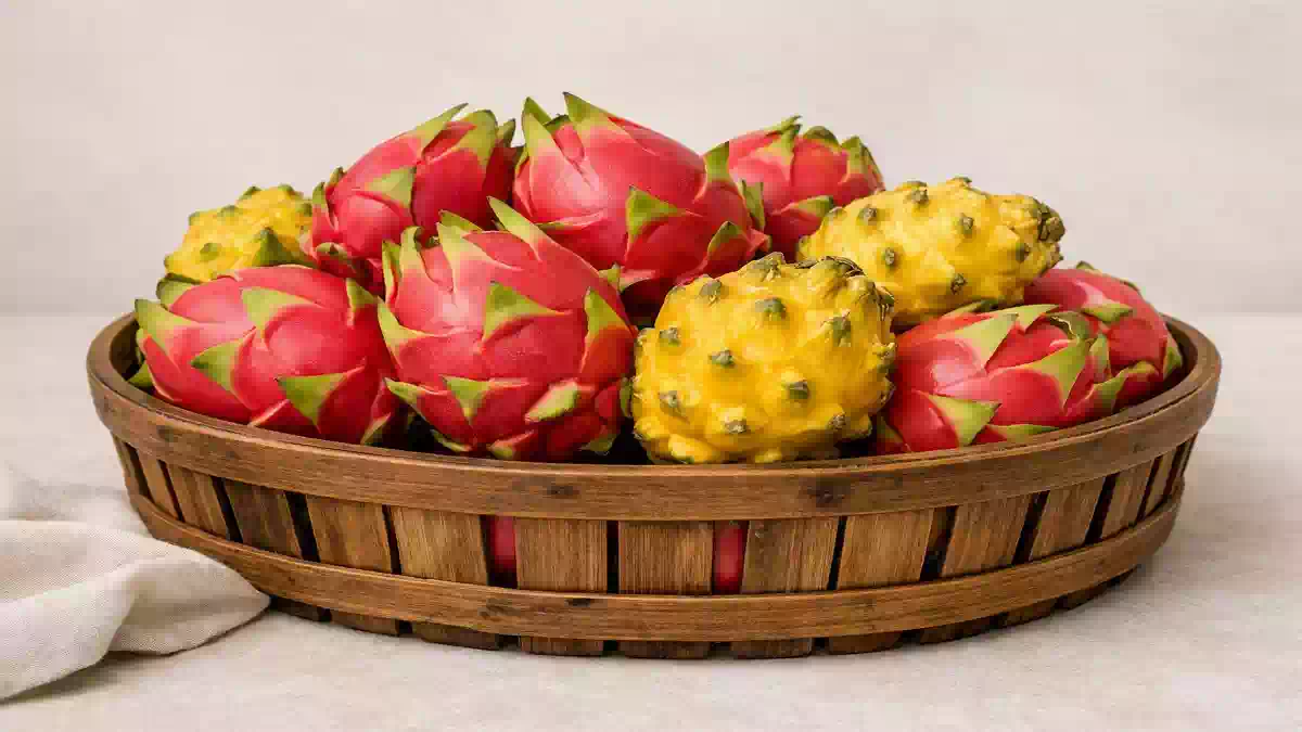 Contenitore di pitaya intera su sfondo delicato e neutro, frutto tropicale simile al kiwi