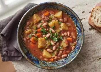 Foto di uno spezzatino vegetale con fagioli rossi, patate e peperoni in salsa cremosa, servito caldo in una ciotola rustica.