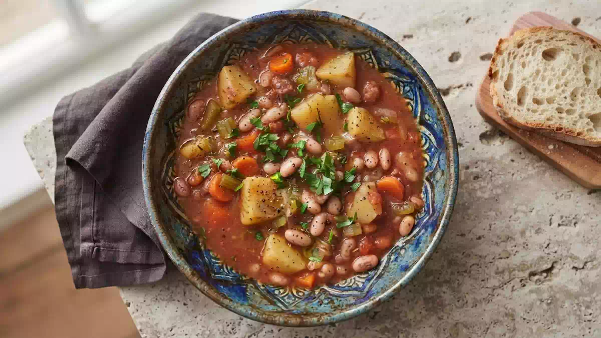 Foto di uno spezzatino vegetale con fagioli rossi, patate e peperoni in salsa cremosa, servito caldo in una ciotola rustica.