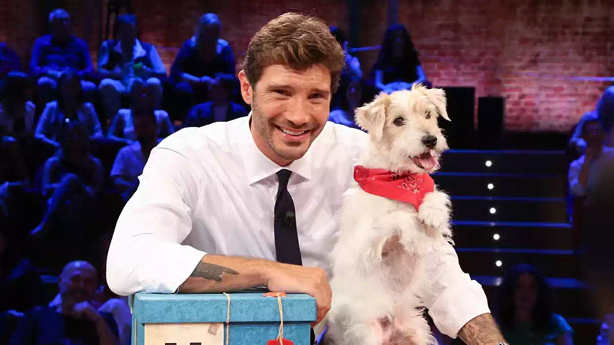 Stefano De Martino accanto a Gennarino, il celebre Jack Russell di Affari Tuoi, durante una puntata del programma Rai1