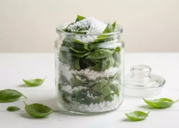 Basilico sotto sale conservato in barattolo di vetro, metodo facile per mantenere aroma e freschezza del basilico durante tutto l'inverno