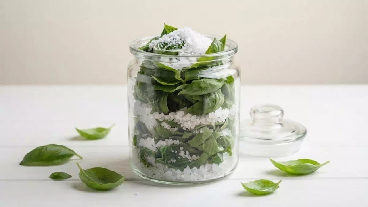 Basilico sotto sale conservato in barattolo di vetro, metodo facile per mantenere aroma e freschezza del basilico durante tutto l'inverno