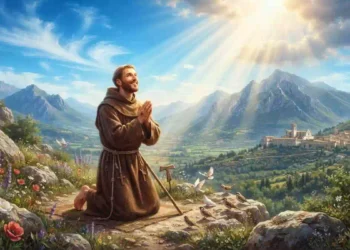 San Francesco d’Assisi in preghiera a La Verna riceve le stimmate della Passione di Cristo durante una profonda esperienza mistica sul monte sacro