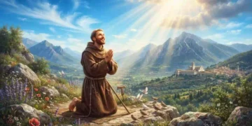 San Francesco d’Assisi in preghiera a La Verna riceve le stimmate della Passione di Cristo durante una profonda esperienza mistica sul monte sacro