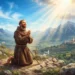 San Francesco d’Assisi in preghiera a La Verna riceve le stimmate della Passione di Cristo durante una profonda esperienza mistica sul monte sacro
