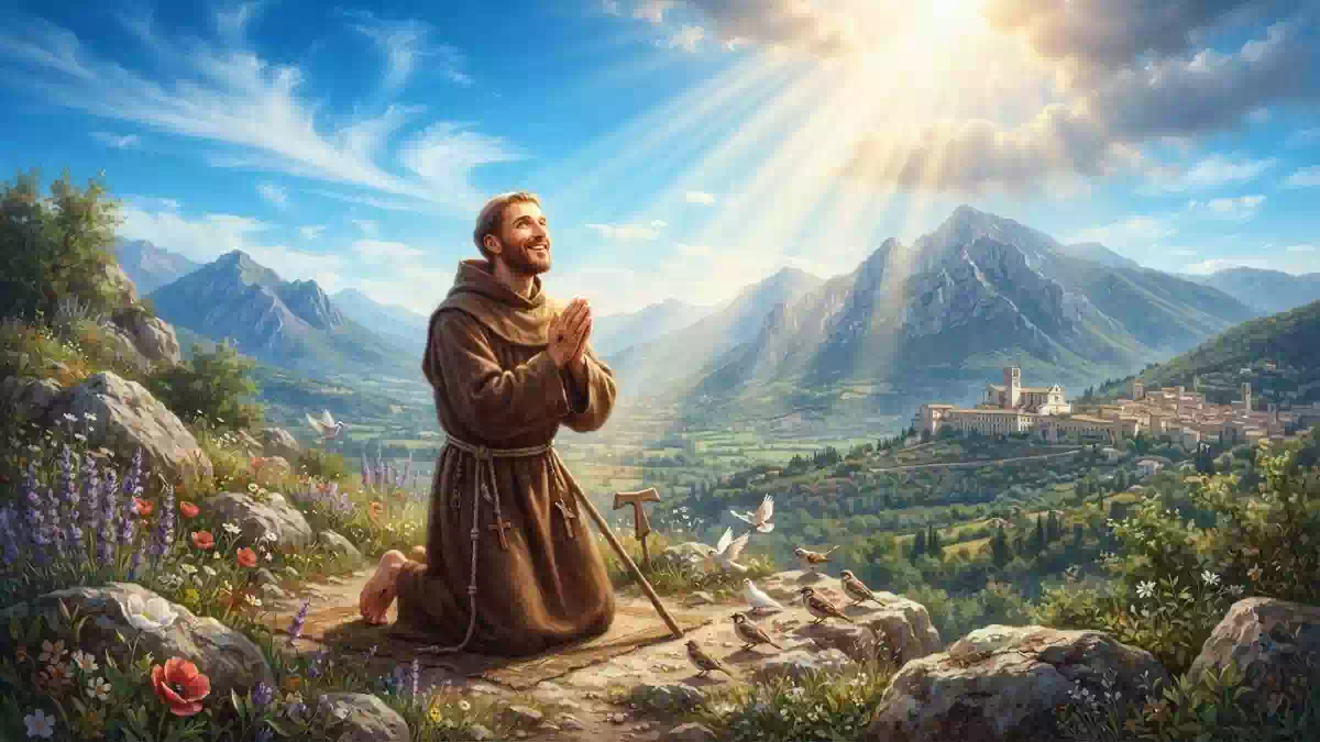 San Francesco d’Assisi in preghiera a La Verna riceve le stimmate della Passione di Cristo durante una profonda esperienza mistica sul monte sacro