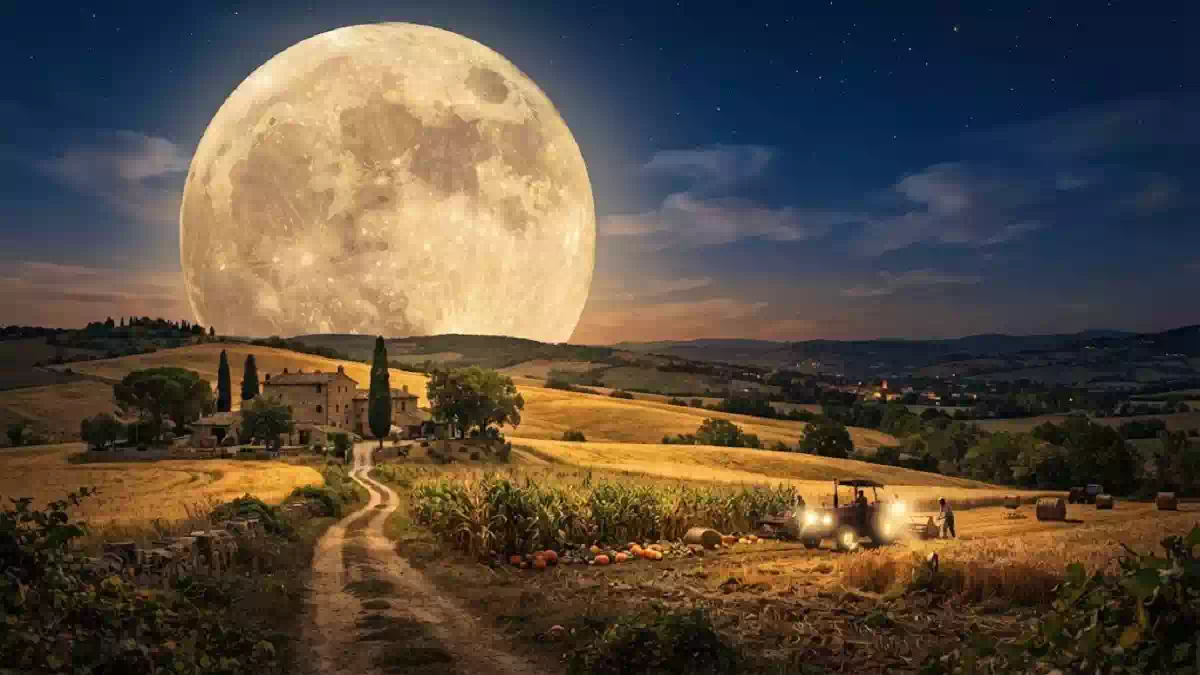 Gigantesca Luna piena del Raccolto che domina il cielo notturno sopra una campagna collinare, con casale rurale, campi dorati appena mietuti, trattore al lavoro e sentiero di campagna illuminato dalla luce lunare. Suggestiva scena autunnale che richiama le antiche tradizioni agricole legate al plenilunio di settembre.