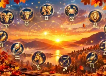 Oroscopo autunno con i 12 segni zodiacali illuminati da un tramonto dorato con montagne e foglie colorati