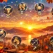 Oroscopo autunno con i 12 segni zodiacali illuminati da un tramonto dorato con montagne e foglie colorati