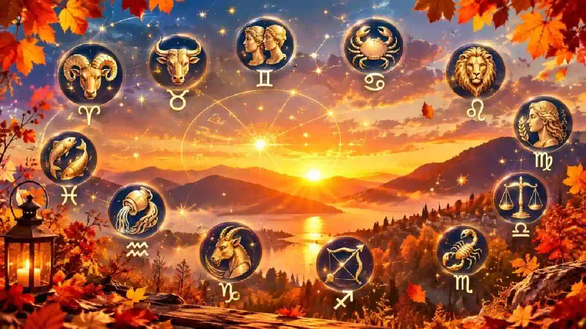 Oroscopo autunno con i 12 segni zodiacali illuminati da un tramonto dorato con montagne e foglie colorati