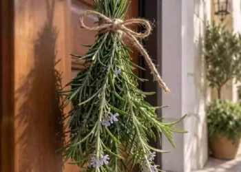 Rametto di rosmarino appeso alla maniglia della porta d'ingresso di una casa, simbolo di protezione, buon auspicio e tradizione mediterranea.