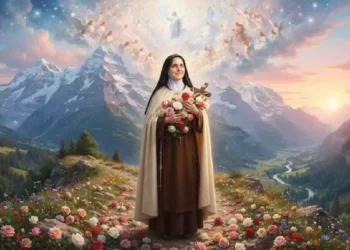 Santa Teresa di Lisieux raffigurata tra montagne alpine, rose colorate e schiere di angeli nel cielo in una suggestiva illustrazione spirituale