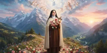 Santa Teresa di Lisieux raffigurata tra montagne alpine, rose colorate e schiere di angeli nel cielo in una suggestiva illustrazione spirituale