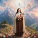 Santa Teresa di Lisieux raffigurata tra montagne alpine, rose colorate e schiere di angeli nel cielo in una suggestiva illustrazione spirituale