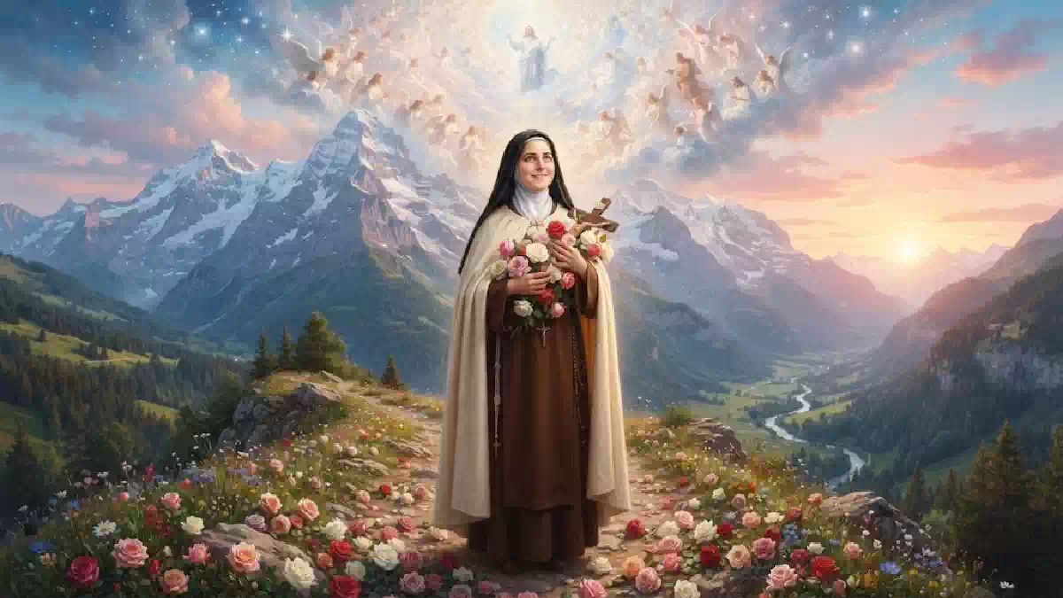 Santa Teresa di Lisieux raffigurata tra montagne alpine, rose colorate e schiere di angeli nel cielo in una suggestiva illustrazione spirituale