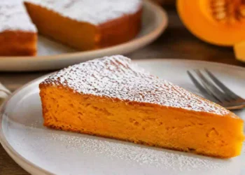 Fetta di torta alla zucca dal cuore morbido e cremoso servita su un piatto, dolce autunnale ideale per colazione e merenda.