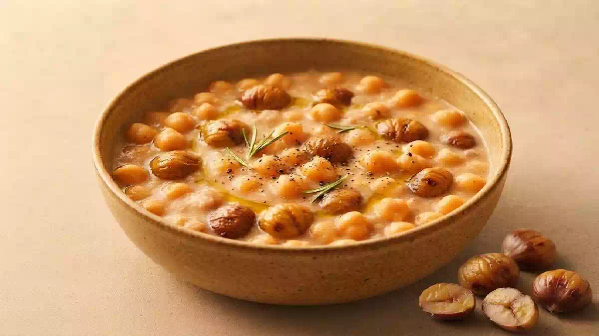 Zuppa cremosa di ceci e castagne servita in una ciotola rustica, guarnita con rosmarino, olio extravergine d'oliva e pepe nero su sfondo beige caldo.