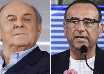 Carlo Conti e Gerry Scotti in un collage fotografico che rappresenta la sfida degli ascolti tv del 23 settembre tra Tale e Quale Show su Rai 1 e La Ruota dei Campioni su Canale 5.