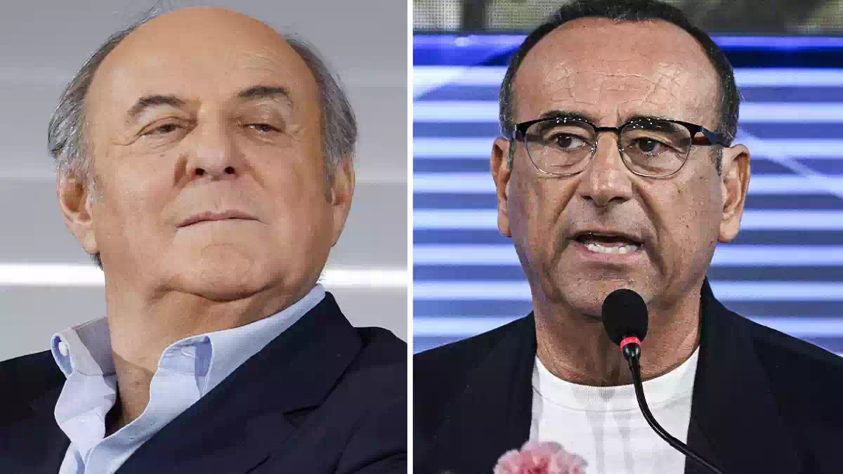 Carlo Conti e Gerry Scotti in un collage fotografico che rappresenta la sfida degli ascolti tv del 23 settembre tra Tale e Quale Show su Rai 1 e La Ruota dei Campioni su Canale 5.