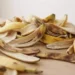 Vasetto di fertilizzante naturale ottenuto frullando bucce di banana in acqua, posato accanto a piante da appartamento per mostrare il rimedio domestico utile alla loro cura.