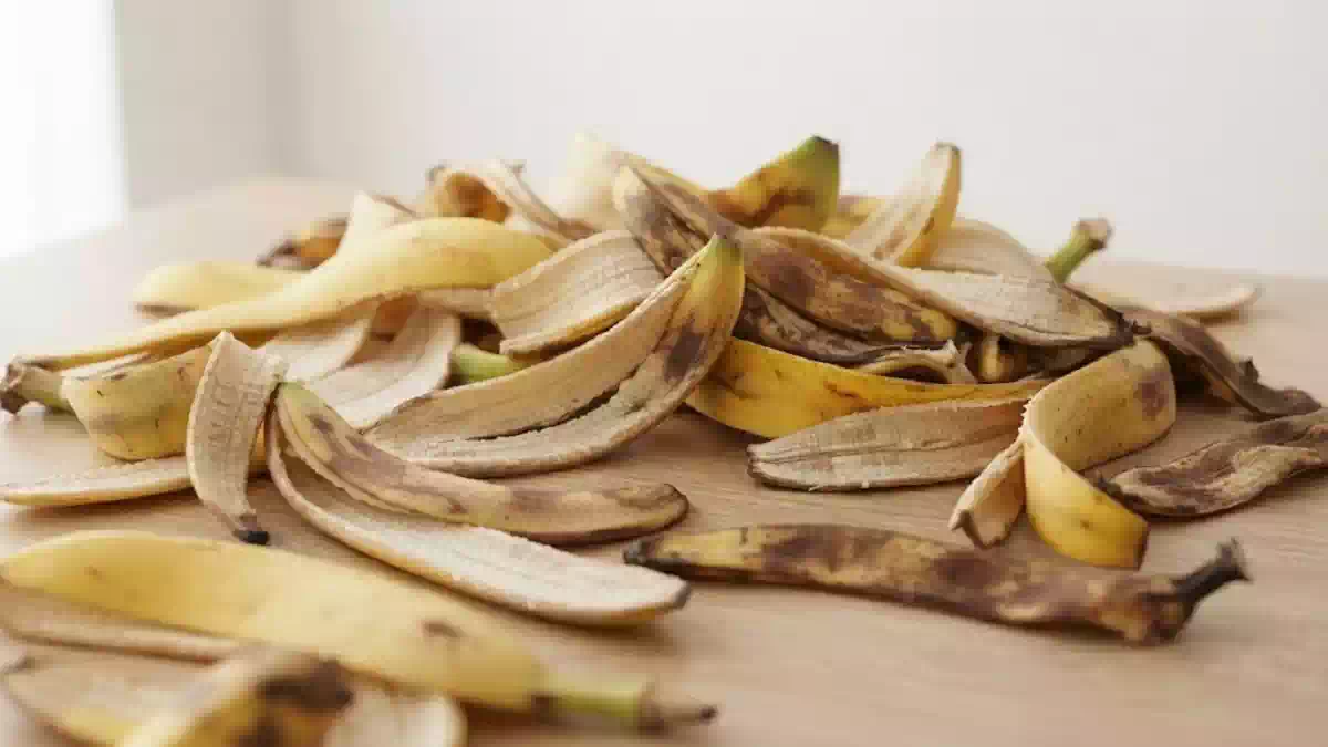 Vasetto di fertilizzante naturale ottenuto frullando bucce di banana in acqua, posato accanto a piante da appartamento per mostrare il rimedio domestico utile alla loro cura.