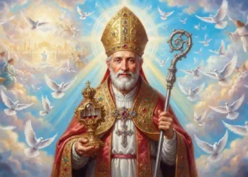 Raffigurazione di San Gennaro con mitra e pastorale tra le nuvole celesti, circondato da colombe bianche e angeli, simbolo di fede, miracoli e grazia della maternità ottenuta per intercessione del santo patrono di Napoli.
