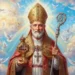 Raffigurazione di San Gennaro con mitra e pastorale tra le nuvole celesti, circondato da colombe bianche e angeli, simbolo di fede, miracoli e grazia della maternità ottenuta per intercessione del santo patrono di Napoli.