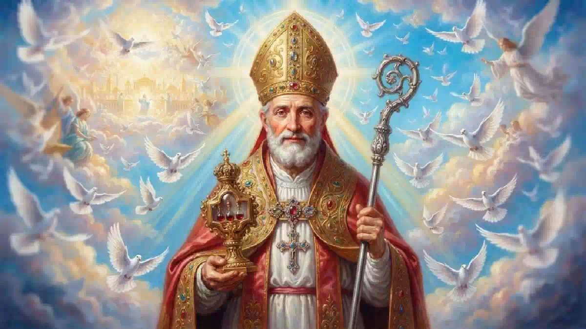 Raffigurazione di San Gennaro con mitra e pastorale tra le nuvole celesti, circondato da colombe bianche e angeli, simbolo di fede, miracoli e grazia della maternità ottenuta per intercessione del santo patrono di Napoli.
