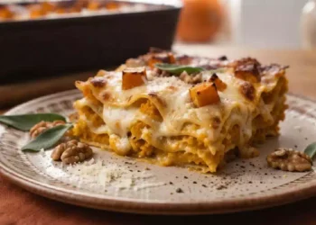 Lasagna di zucca vegetariana a strati con crema, mozzarella, cubetti di zucca arrostiti, salvia e noci,