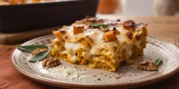 Lasagna di zucca vegetariana a strati con crema, mozzarella, cubetti di zucca arrostiti, salvia e noci,