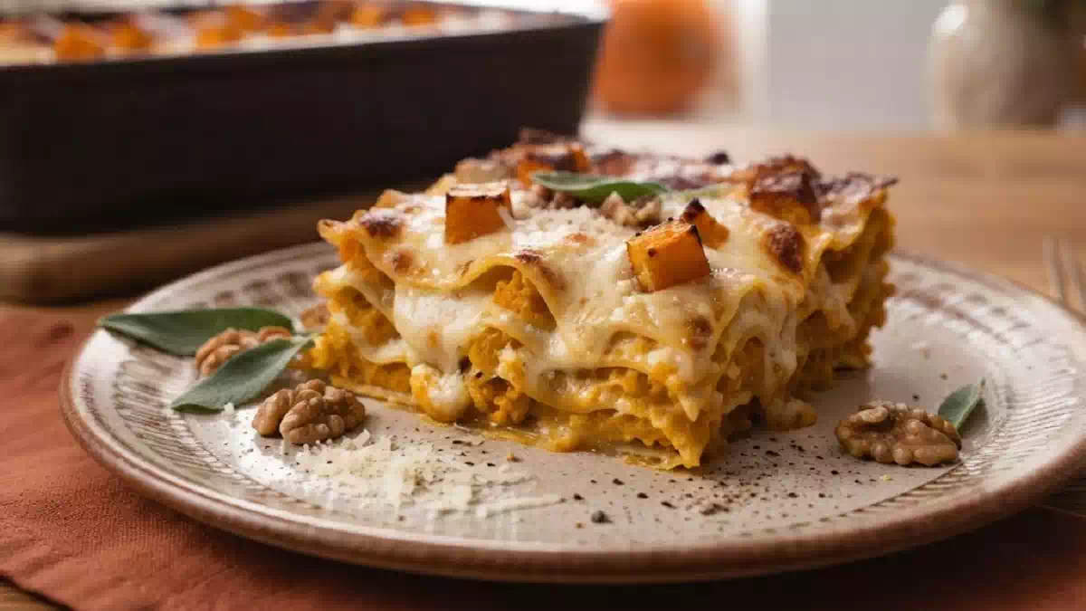 Lasagna di zucca vegetariana a strati con crema, mozzarella, cubetti di zucca arrostiti, salvia e noci,