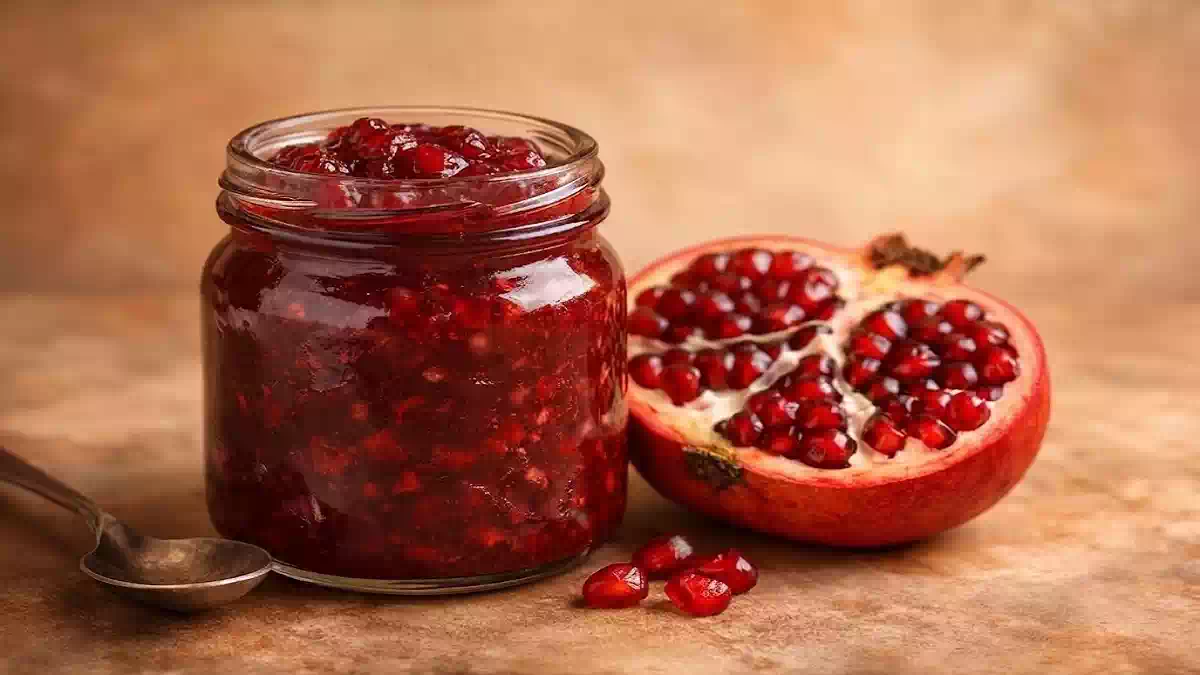 Vasetto di marmellata di melograno aperta senza etichette, accanto a un melograno tagliato a metà su sfondo neutro dai toni caldi, ideale per articoli di cucina naturale e ricette senza zucchero