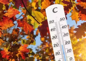 Foglie autunnali dai colori arancioni, gialli e rossi illuminate dal sole con termometro in primo piano che indica temperature miti, simbolo dell'Ottobrata e dell'autunno caldo in Italia.