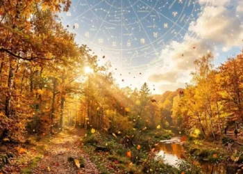 Oroscopo di Branko Ottobre 2026: bosco autunnale con mappa astrale e simboli zodiacali nel cielo