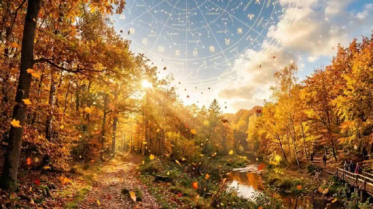 Oroscopo di Branko Ottobre 2026: bosco autunnale con mappa astrale e simboli zodiacali nel cielo