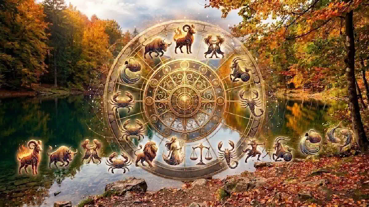 Oroscopo Paolo Fox Ottobre 2026, ruota dello zodiaco dorata su sfondo autunnale con lago e segni al top
