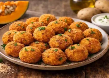 Polpette di zucca e patate con panatura croccante, ricetta sana e gustosa preparata in cucina.