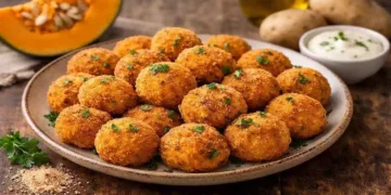Polpette di zucca e patate con panatura croccante, ricetta sana e gustosa preparata in cucina.