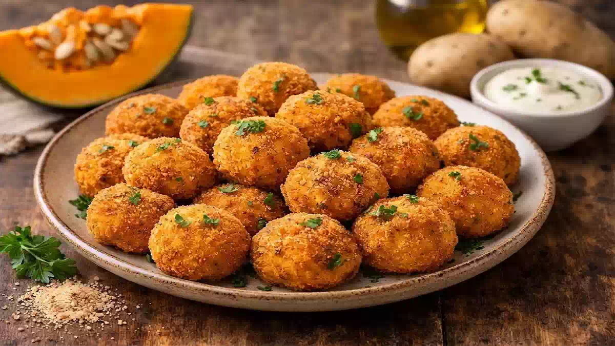 Polpette di zucca e patate con panatura croccante, ricetta sana e gustosa preparata in cucina.