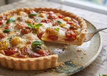 Primo piano ravvicinato di una crostata salata rustica appena sfornata con pomodorini cotti e formaggio fuso, adagiata su un piatto di ceramica ruvida sopra un tavolo in legno