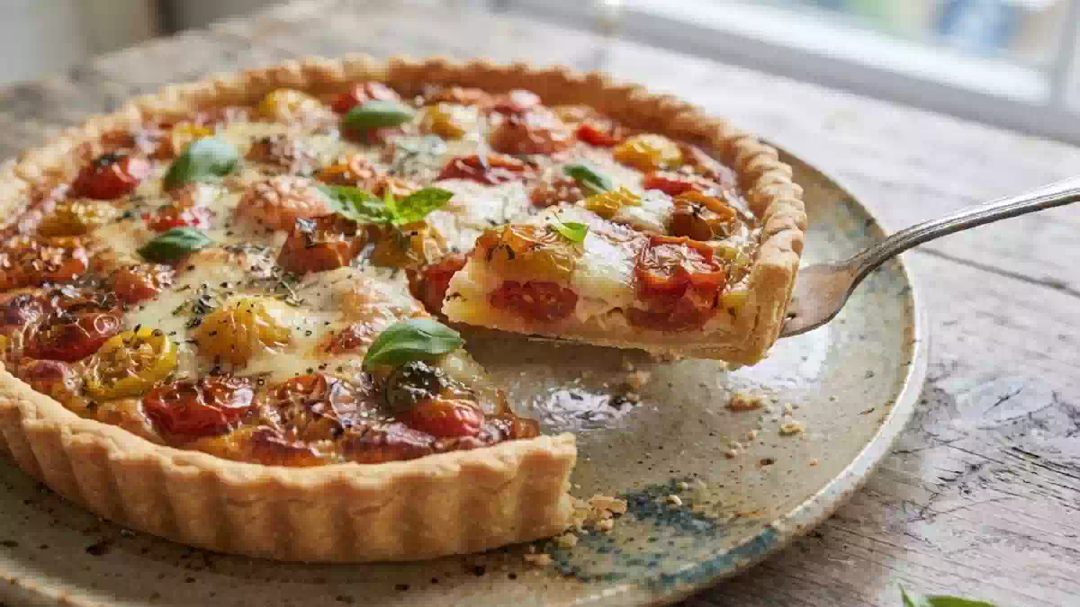 Primo piano ravvicinato di una crostata salata rustica appena sfornata con pomodorini cotti e formaggio fuso, adagiata su un piatto di ceramica ruvida sopra un tavolo in legno