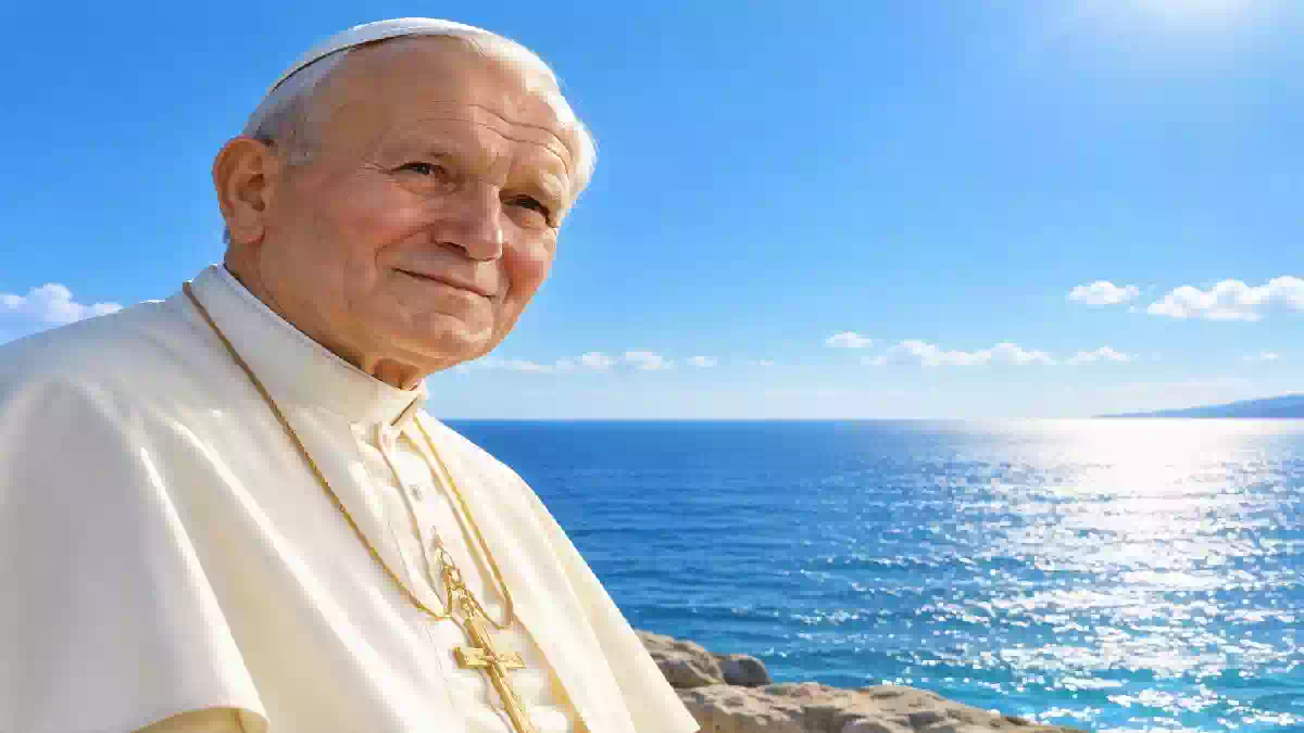 San Giovanni Paolo II in primo piano davanti al mare azzurro e scintillante, con cielo limpido e luce solare intensa all’orizzonte. Ritratto luminoso e realistico del Pontefice in abito bianco