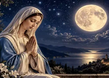 Nostra Signora della Preghiera raffigurata in preghiera sotto un cielo stellato