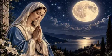 Nostra Signora della Preghiera raffigurata in preghiera sotto un cielo stellato