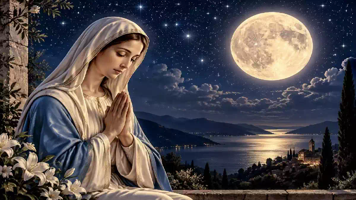 Nostra Signora della Preghiera raffigurata in preghiera sotto un cielo stellato