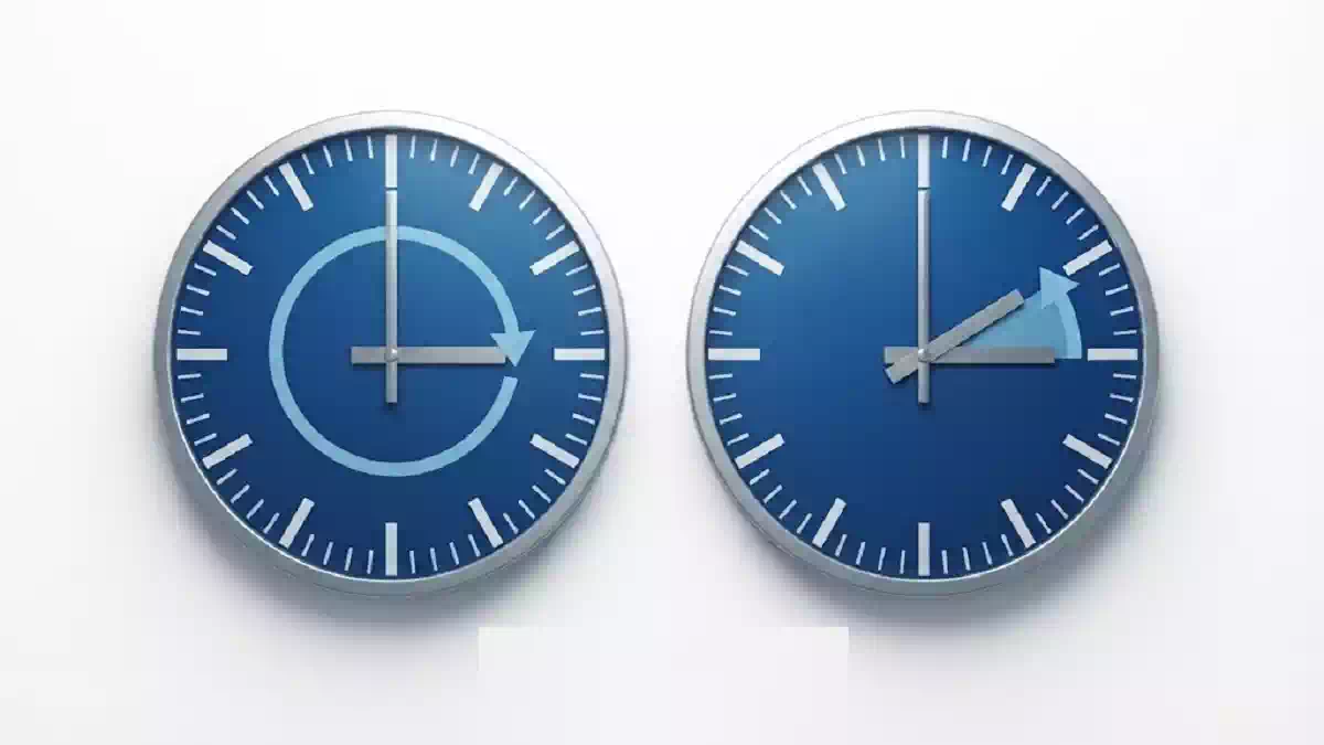 Cambio dall’ora legale all’ora solare 2026 con due orologi blu che mostrano lo spostamento delle lancette indietro di un’ora nella notte del 25 ottobre