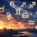 Segni zodiacali luminosi nel cielo stellato al tramonto sopra un paesaggio naturale con lago, montagne e boschi.